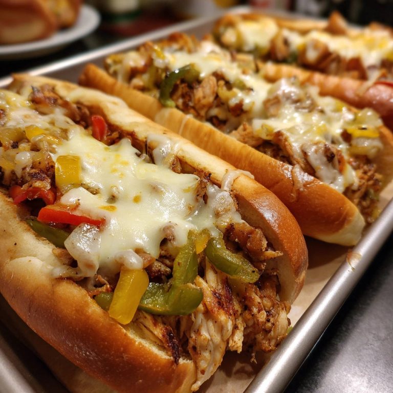 Saftiges Hähnchen-Cheesesteak Sandwich, nahaufnahme der geschmolzenen Käsefüllung mit Paprika und Zwiebeln auf einem Brötchen.