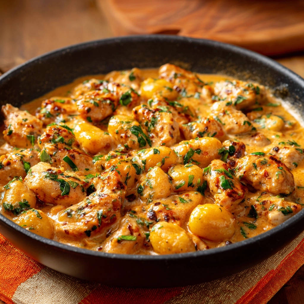 Hähnchen und Gnocchi in cremiger Sauce, eine Nahaufnahme des saftigen Gerichts mit frischer Petersilie garniert.