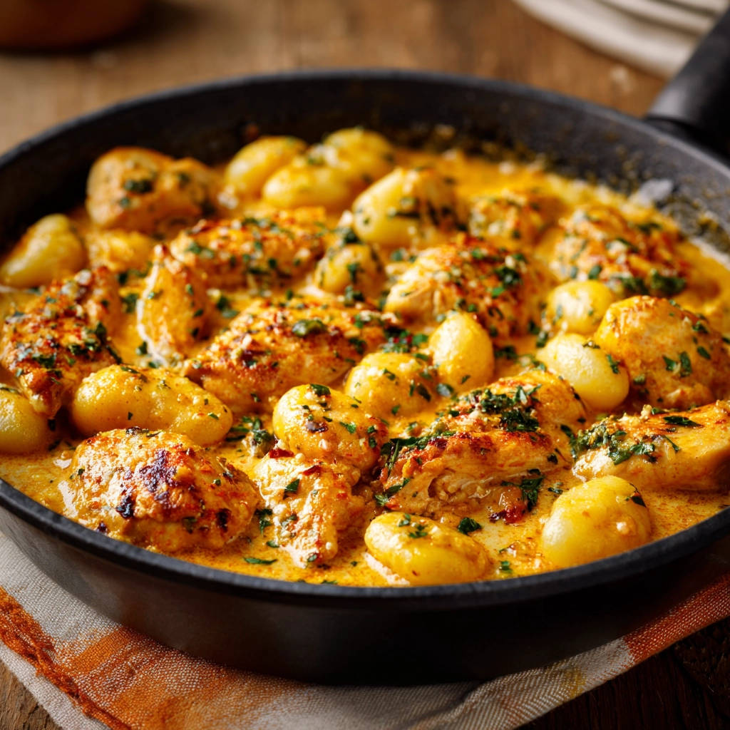 Hähnchen und Gnocchi in cremiger Sauce, nahaufnahme der saftigen Hähnchenbrust und weichen Gnocchi in der Sauce.