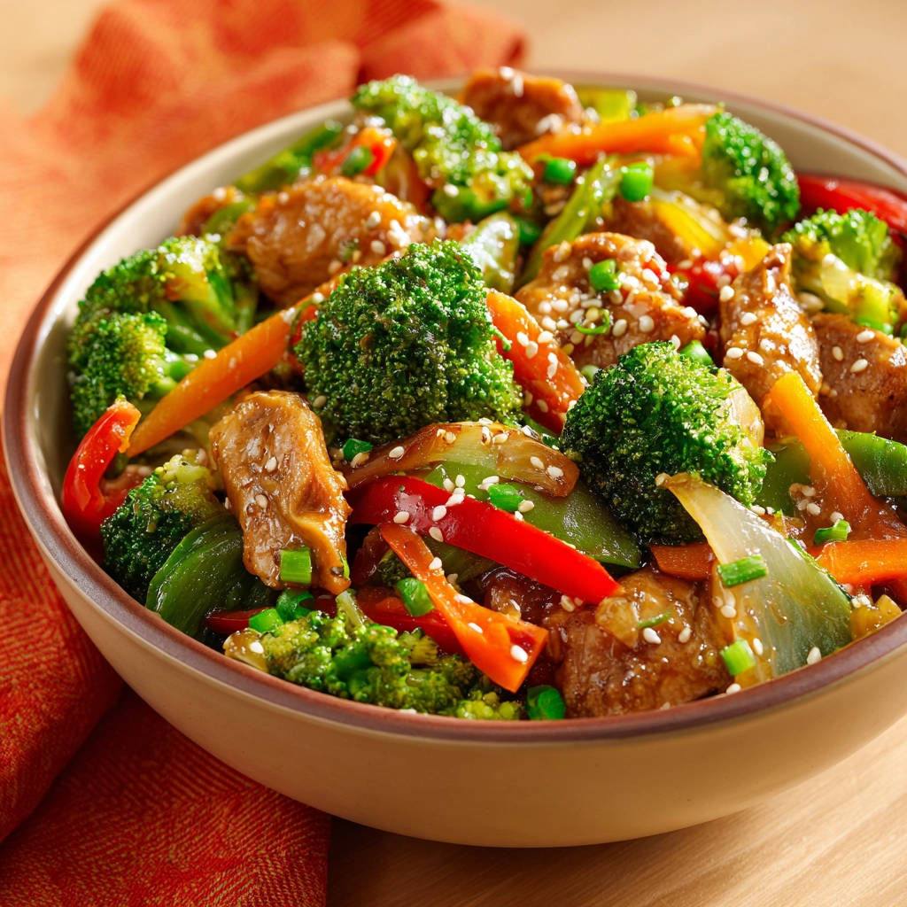 Hähnchen-Wok mit Gemüse und einer Nahaufnahme der Sauce, garniert mit Sesam und Frühlingszwiebeln
