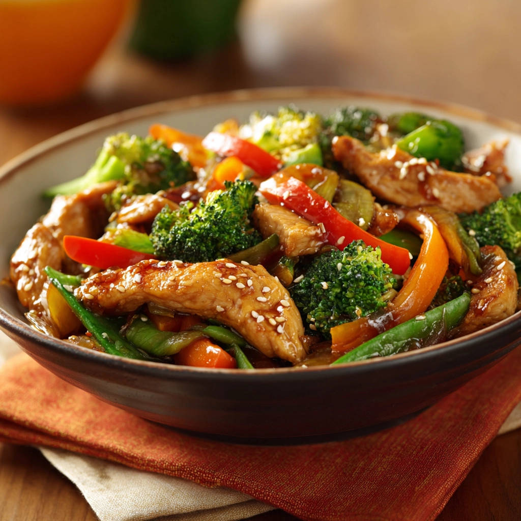 Hähnchen-Wok mit Gemüse, nahaufnahme der glasierten Hähnchenstreifen mit Sesam und knackigem Gemüse im Fokus.