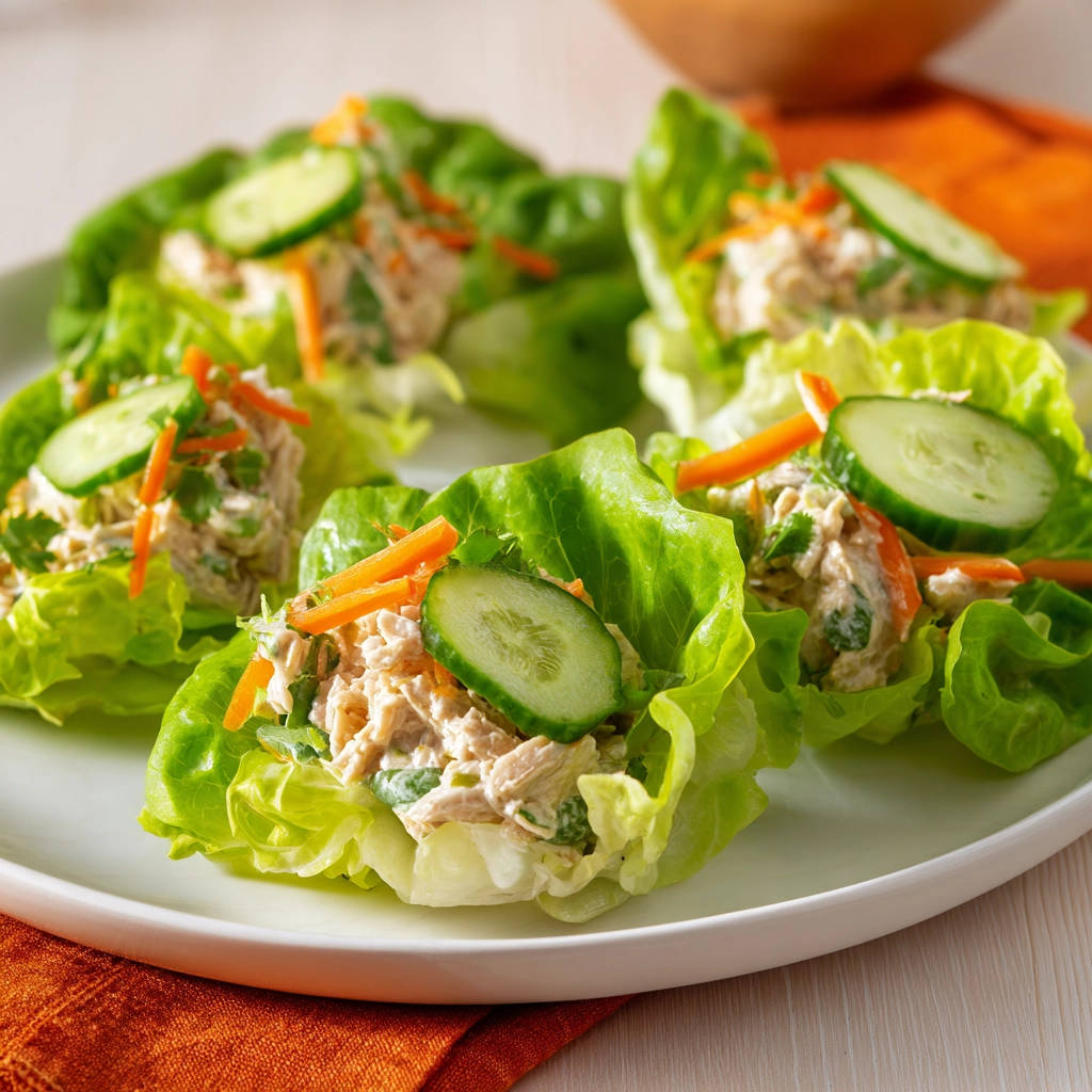 Hähnchensalat Salat-Wraps, serviert auf einem Teller mit Gurkenscheiben und geraspelten Karotten, als leichte Mahlzeit.