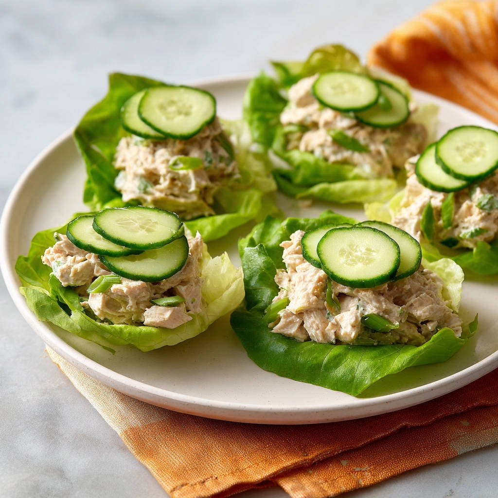 Hähnchensalat Salat-Wraps garniert mit Gurkenscheiben, serviert auf einem Teller mit orangefarbener Serviette