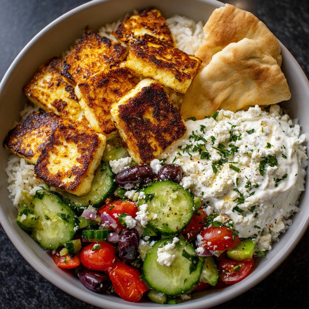 Halloumi Bowl mit Reis und Tzatziki, eine Nahaufnahme der knusprig gebratenen Halloumi-Scheiben über Reis und Salat.