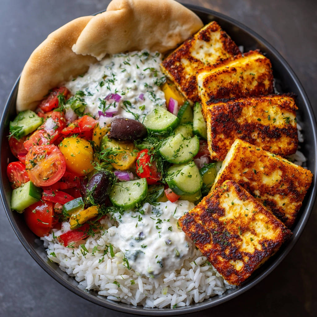 Halloumi Bowl mit Reis und Tzatziki, von oben in einer Schüssel mit frischem Gemüse und Pita-Brot serviert.