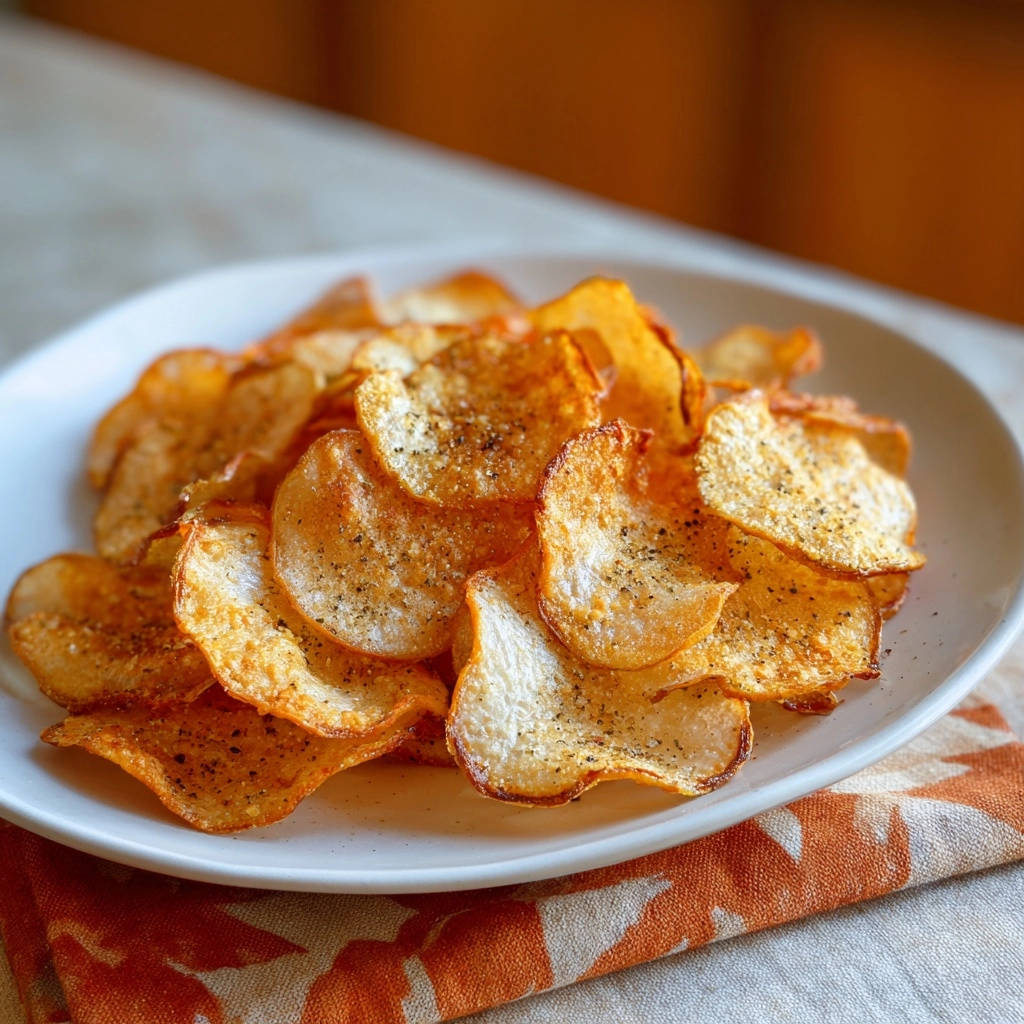 Hausgemachte Kartoffelchips auf einem Teller mit einer Serviette, nahaufnahme der knusprigen Textur und Gewürze.