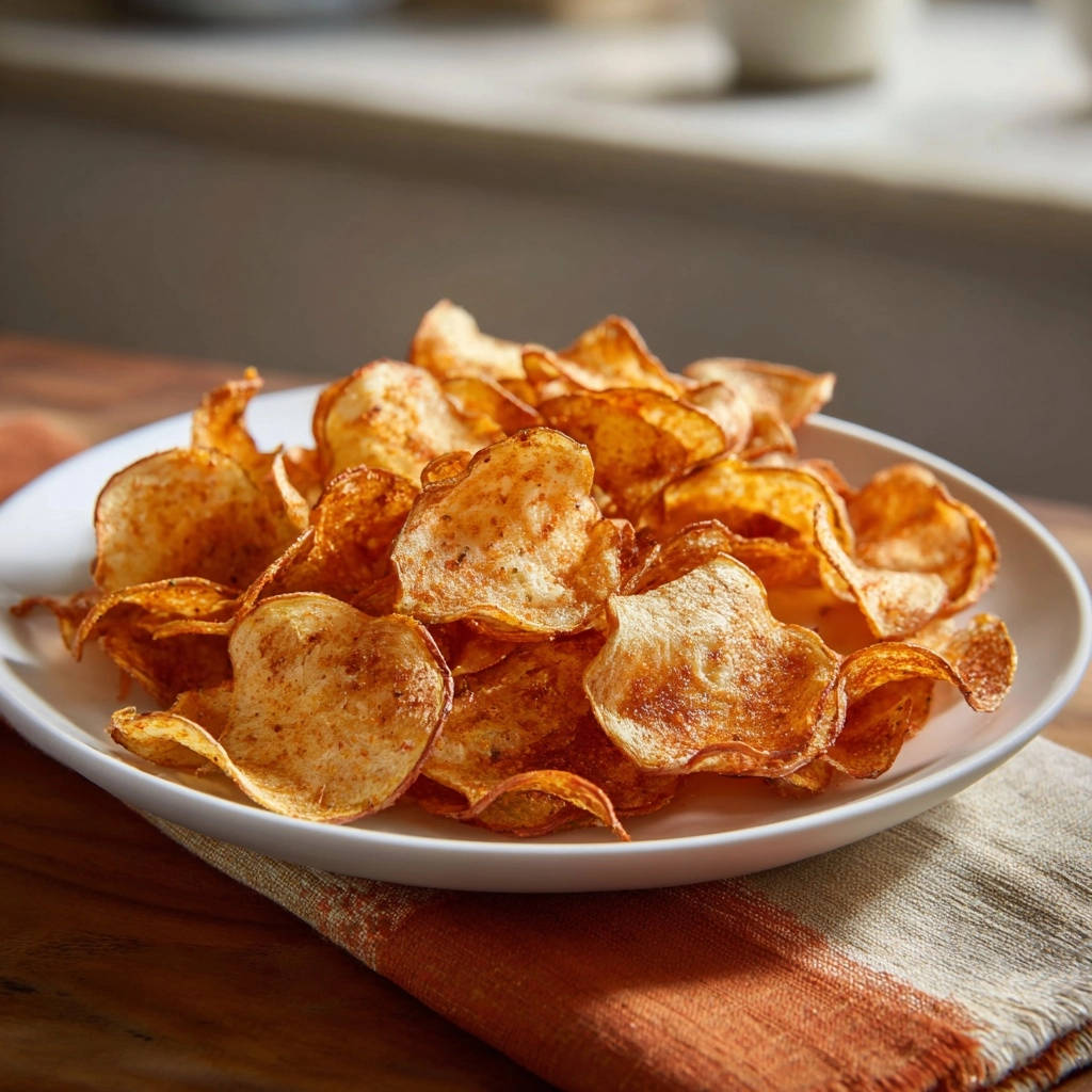Hausgemachte Kartoffelchips, eine Schüssel voll mit goldbraunen, gewürzten Chips auf einem weißen Teller, die auf einem Küchentuch liegen.