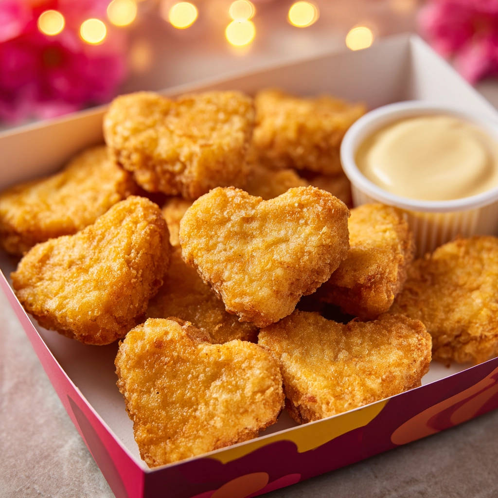 Herz-Nuggets in einer Box mit Dip-Sauce, knusprig und goldbraun gebacken, nahaufnahme des Hauptgerichts.