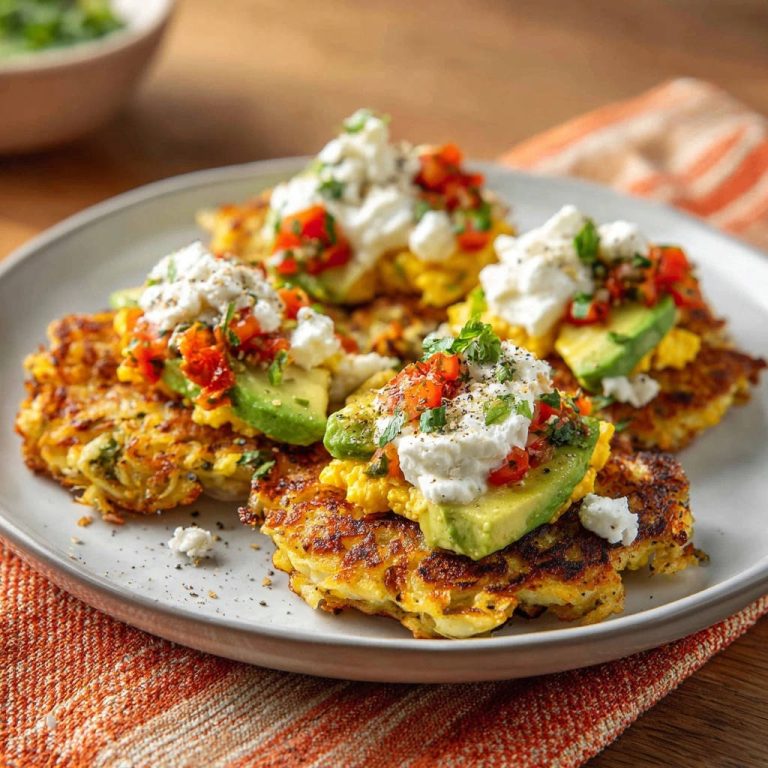 Knusprige herzhafte Kartoffelpuffer mit Ei und Avocado, garniert mit Ziegenkäse und Tomaten, auf einem Teller serviert.