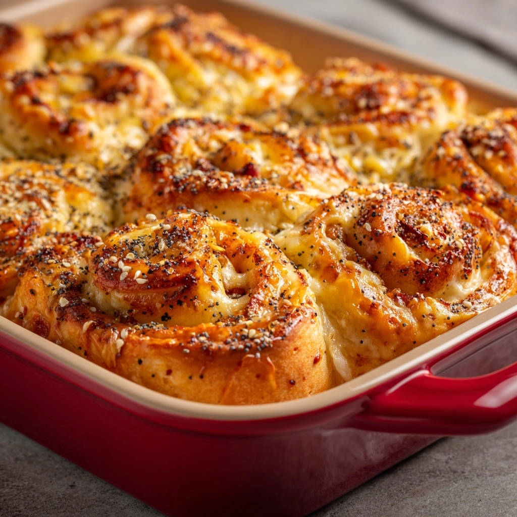 Herzhafte Schnecken mit Tomatenfüllung im roten Auflauf, mit Mohn und Sesam bestreut, Nahaufnahme der gebackenen Kruste.