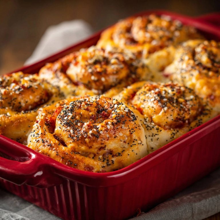 Herzhafte Schnecken mit Tomatenfüllung, nah aufgenommen, mit einem Topping aus Mohn und Sesam.
