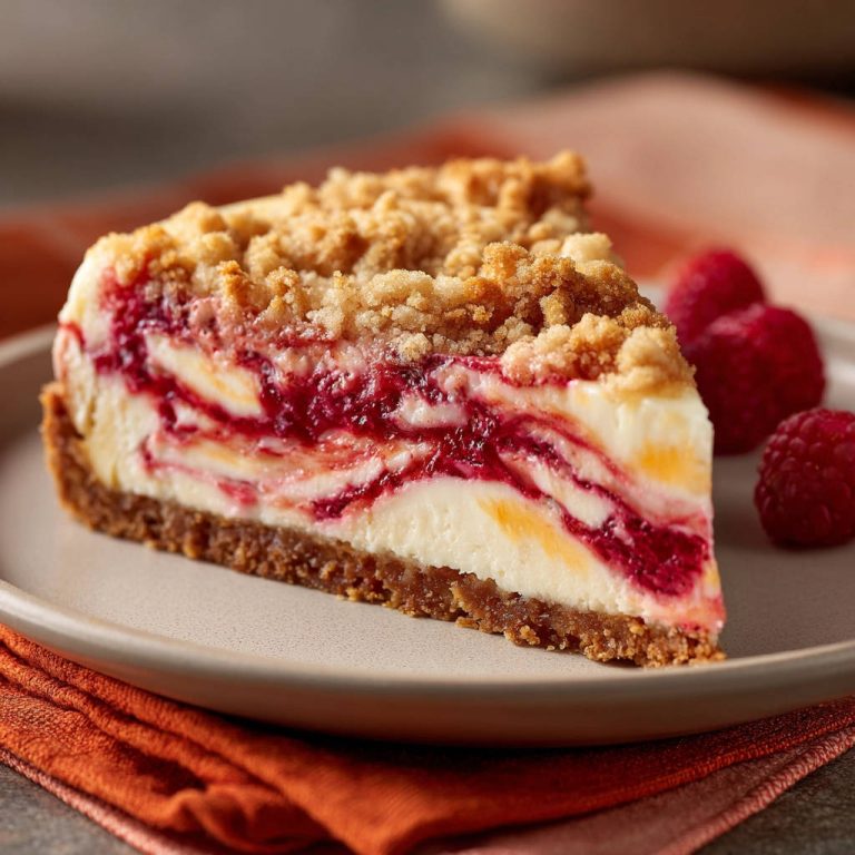 Himbeer-Streusel-Käsekuchen angeschnitten, mit sichtbaren Himbeerschichten und Streuseldecke auf einem Teller.