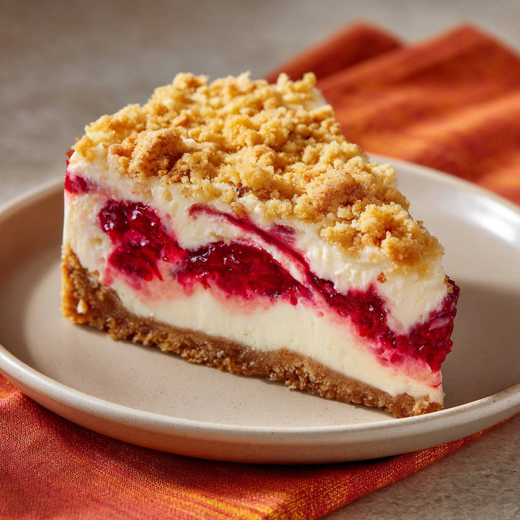 Himbeer-Streusel-Käsekuchen als Anschnitt auf einem Teller mit zerbröselter Kruste und fruchtiger Himbeerschicht.