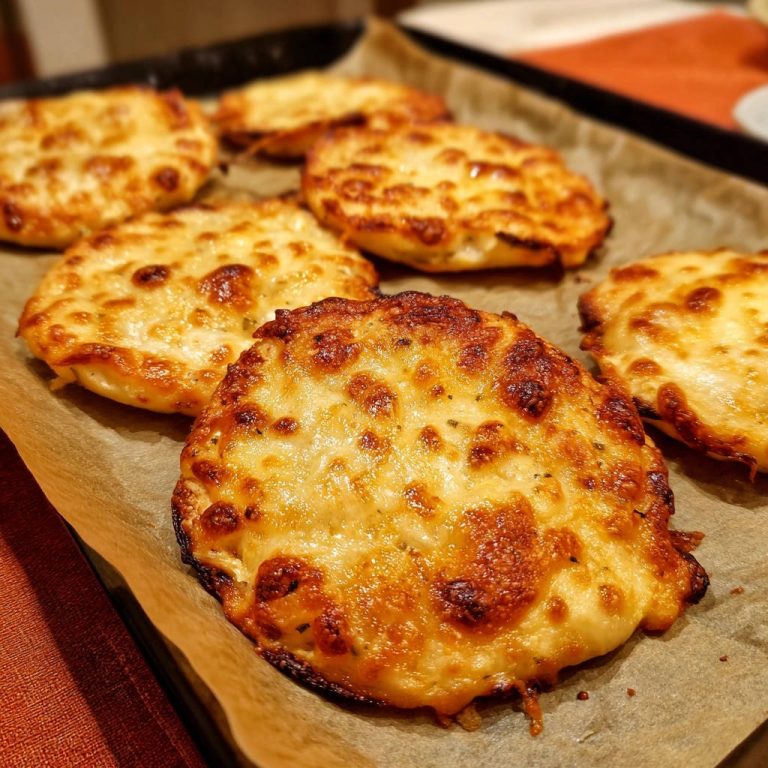 Käse-Brote aus dem Ofen mit perfekt gebackener, goldbrauner Käsekruste, Nahaufnahme