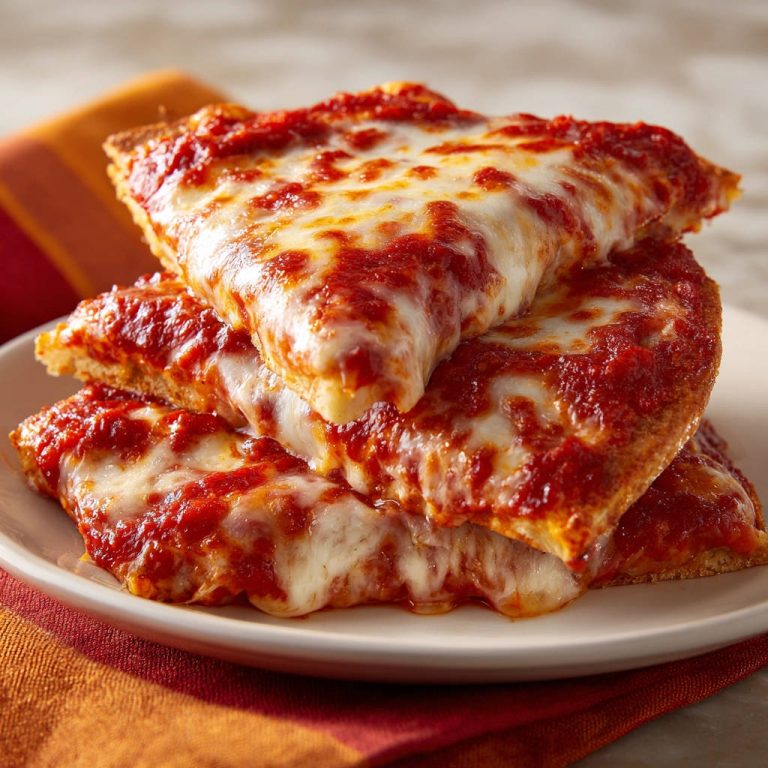 Einfache Käse-Pizza mit geschmolzenem Käse, gestapelt auf einem Teller, Nahaufnahme des saftigen Belags.