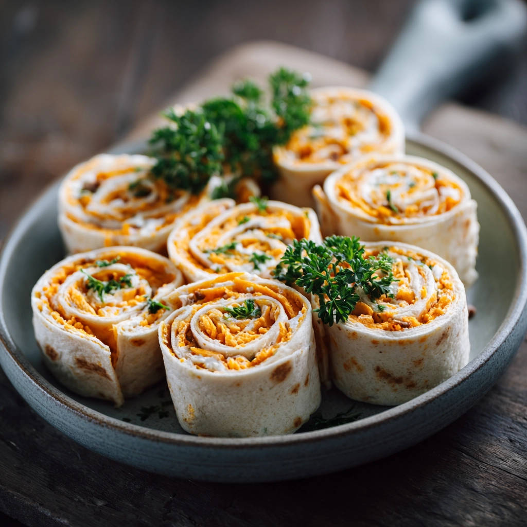 Käse-Tortilla Röllchen als Nahaufnahme auf einem Teller mit frischer Petersilie garniert, ohne auslaufende Füllung.
