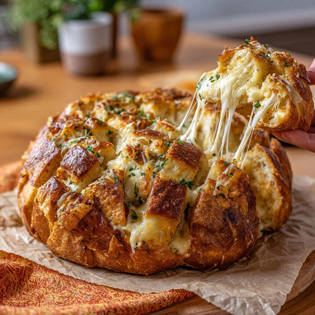 Käse-Zupfbrot mit geschmolzenem Käse, der beim Herausziehen Fäden zieht, frisch aus dem Ofen.