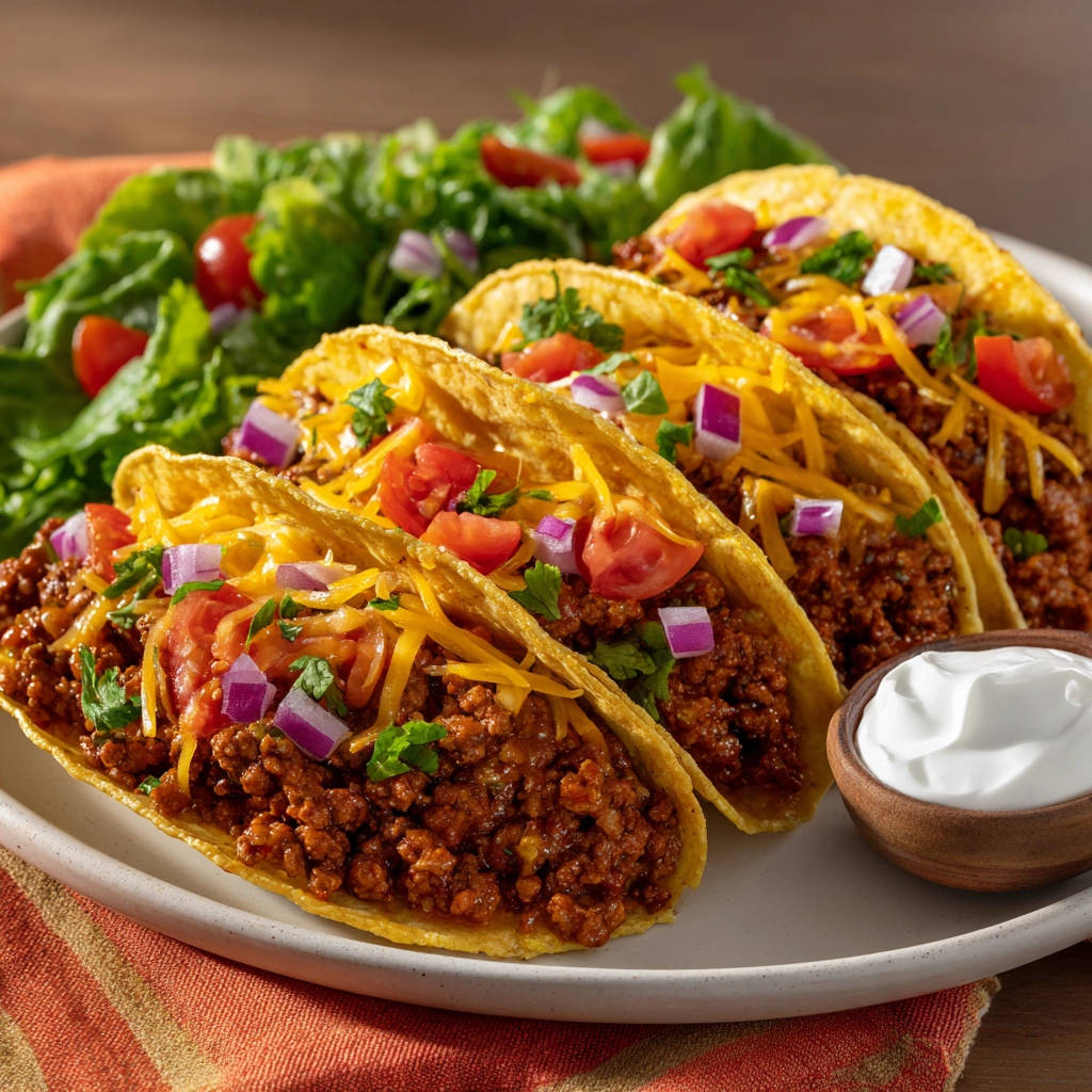 Klassische Hackfleisch Tacos mit Salat und Dip, auf einem Teller serviert mit einer Nahaufnahme der Garnitur.