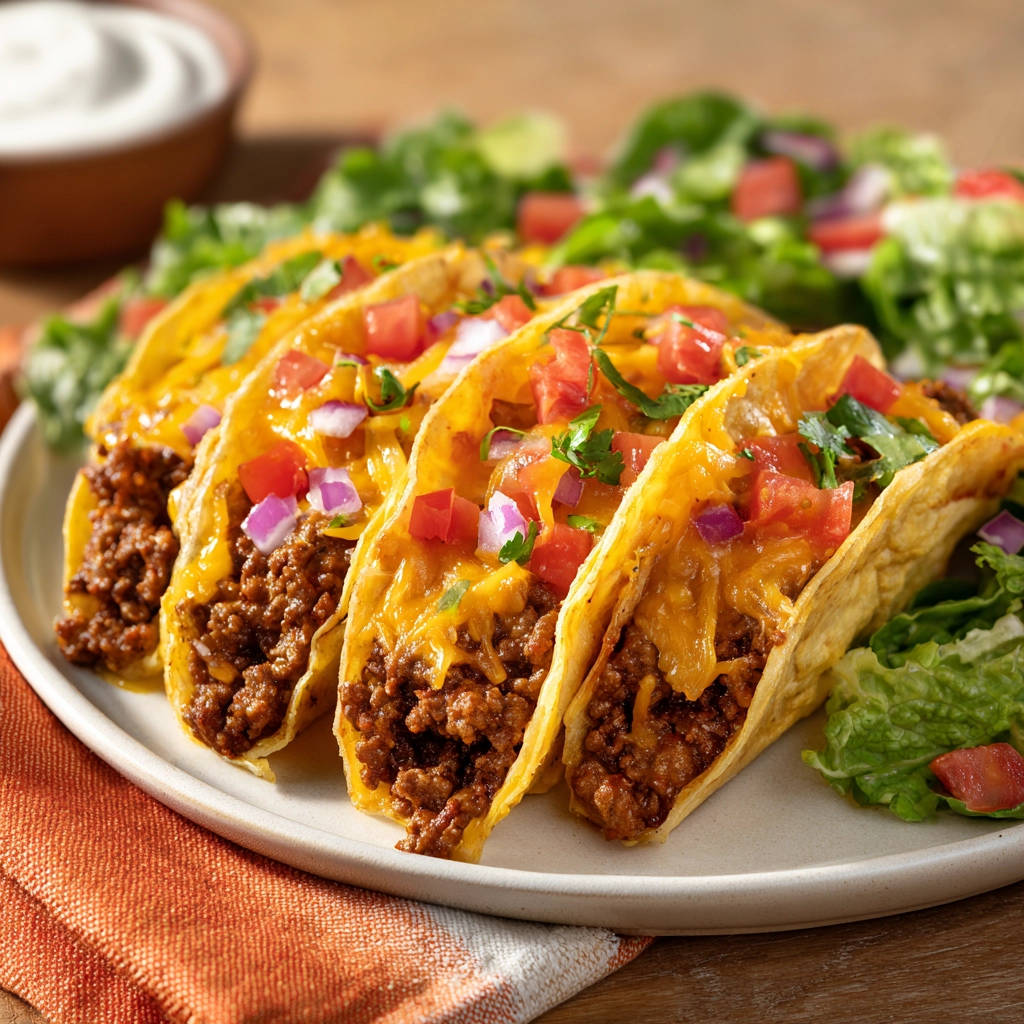 Klassische Hackfleisch Tacos, nah aufgenommen und auf einem Teller mit Salat serviert, mit geschmolzenem Käse und Tomaten garniert.