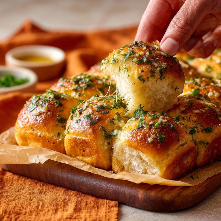 Knoblauch-Käse-Zupfbrot angeschnitten, das geschmolzene Käsefäden und frische Kräuter zeigt.