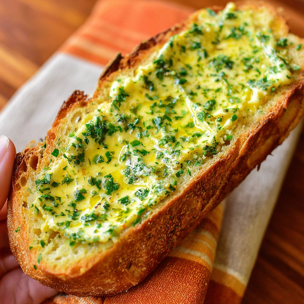 Knoblauchbrot mit geschmolzenem, krautigem Topping, Nahaufnahme der Butter und Kräuter auf geröstetem Brot.