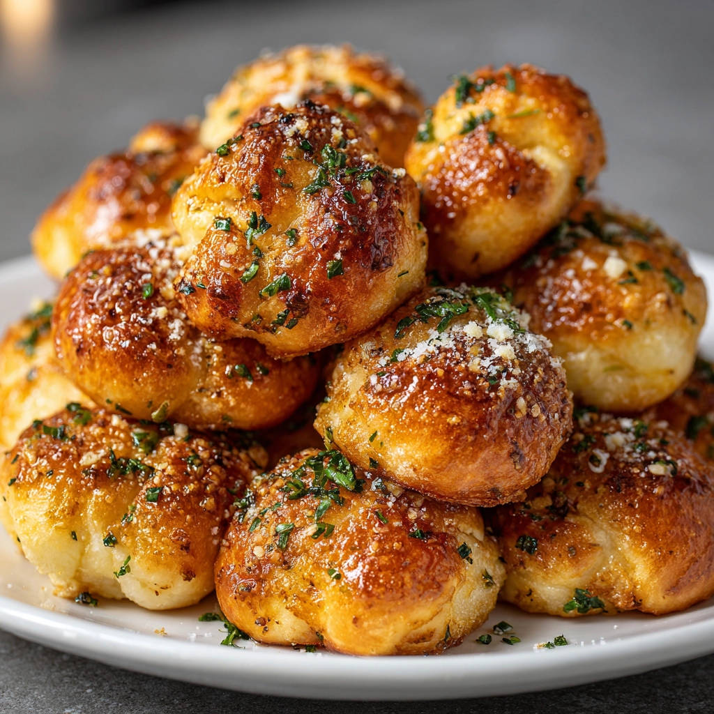 Knoblauchknoten, frisch gebackene und mit Kräutern und Käse garnierte Brötchen, liegen auf einem Teller gestapelt.