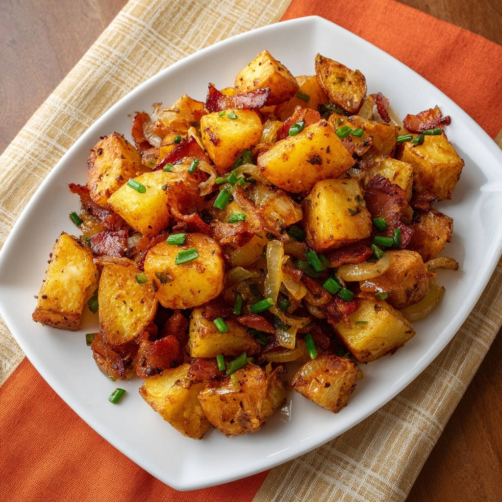 Knusprige Bratkartoffeln mit Speck, Zwiebeln und Schnittlauch garniert auf einem weißen Teller angerichtet