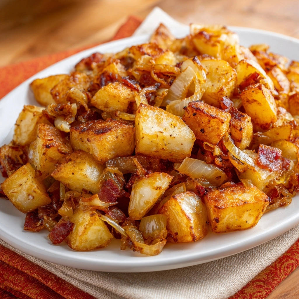 Knusprige Bratkartoffeln mit Zwiebeln und Speck auf einem weißen Teller, eine Nahaufnahme der Textur.