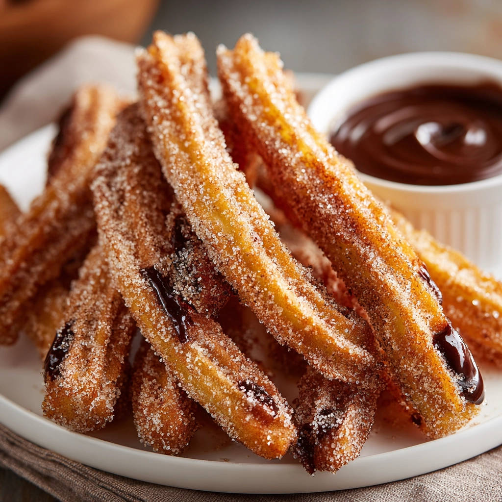 Knusprige Churros mit Schokoladensauce, eine Nahaufnahme von mehreren Churros, die in eine Schüssel mit dunkler Schokoladensauce getaucht werden.