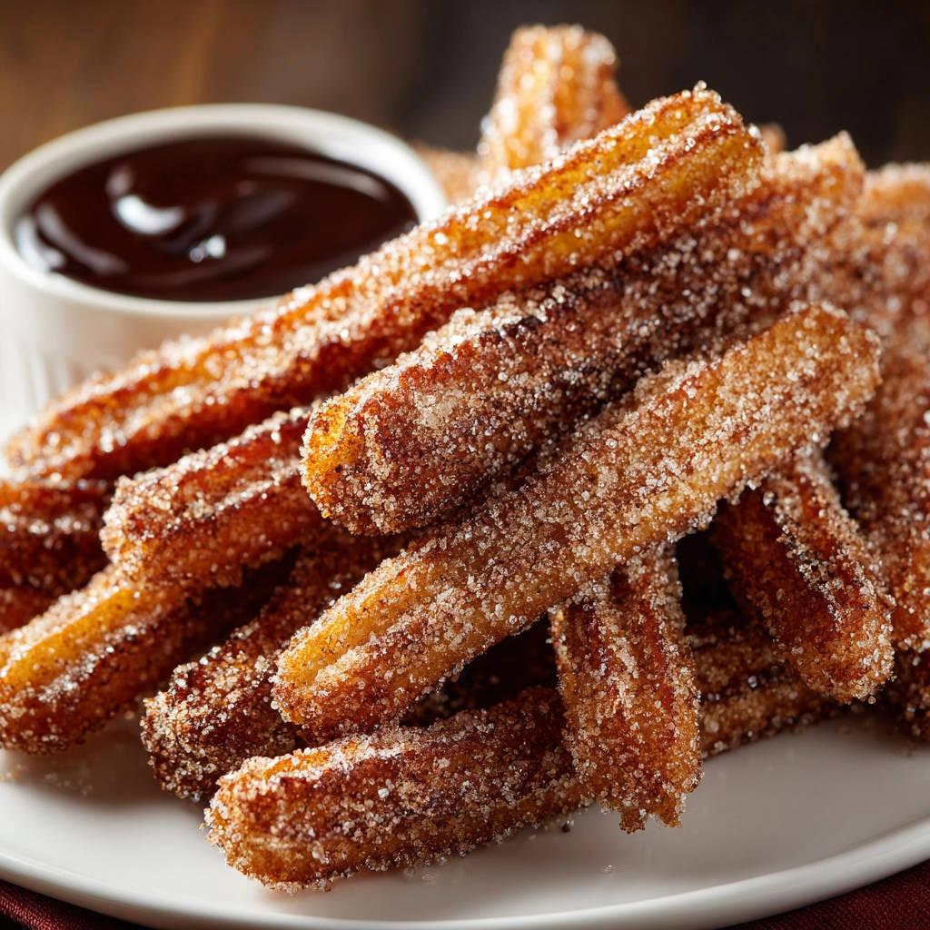 Knusprige Churros mit Schokoladensauce, nahaufnahme des zuckerüberzogenen Teigs und der Dip-Schüssel.