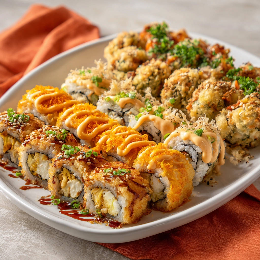 Knusprige frittierte Sushi Rollen mit auffälliger Garnitur aus orangefarbenem Rogen und Sauce.