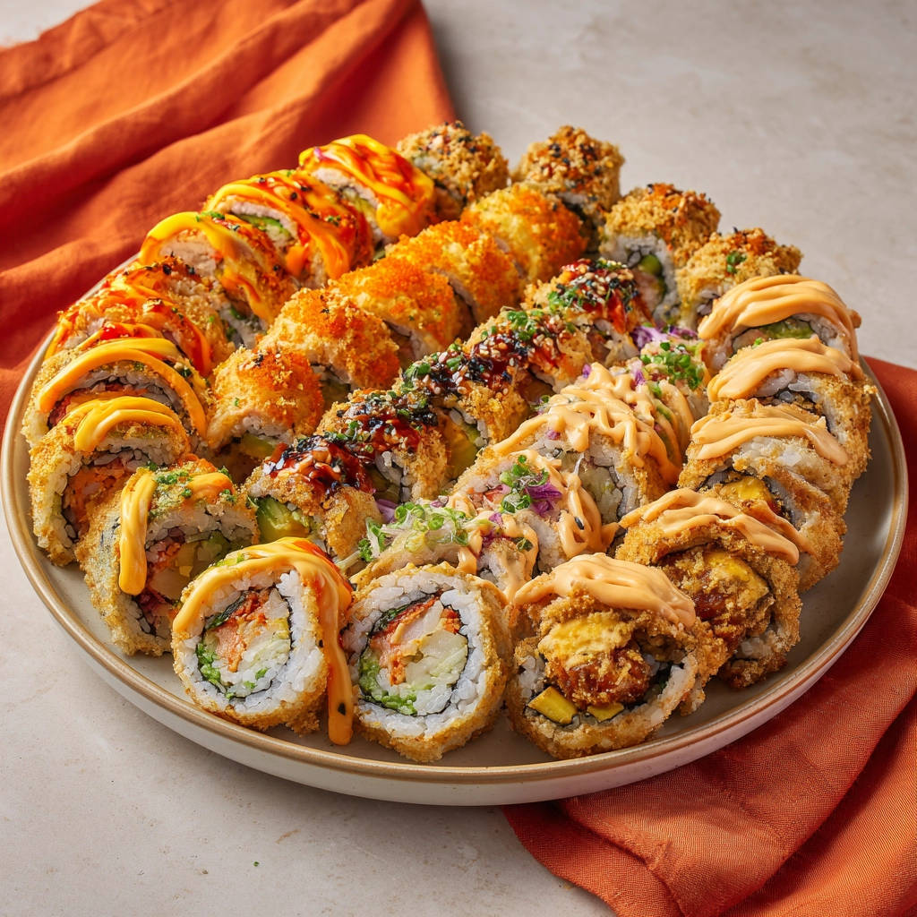 Knusprige frittierte Sushi Rollen auf einer Platte arrangiert und mit verschiedenen Saucen garniert, Nahaufnahme.