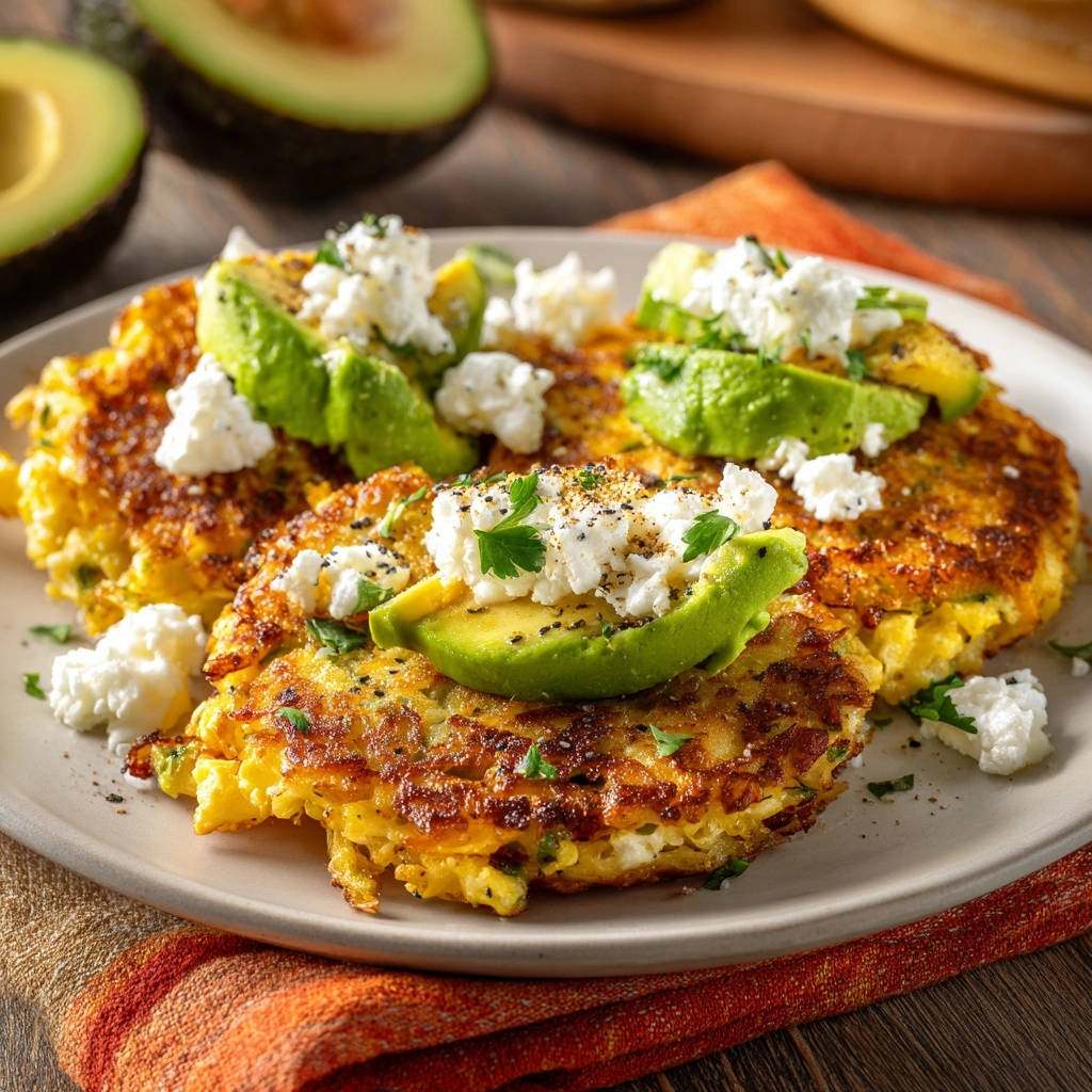 Knusprige herzhafte Kartoffelpuffer mit Ei und Avocado, garniert mit Frischkäse und Petersilie auf einem Teller.