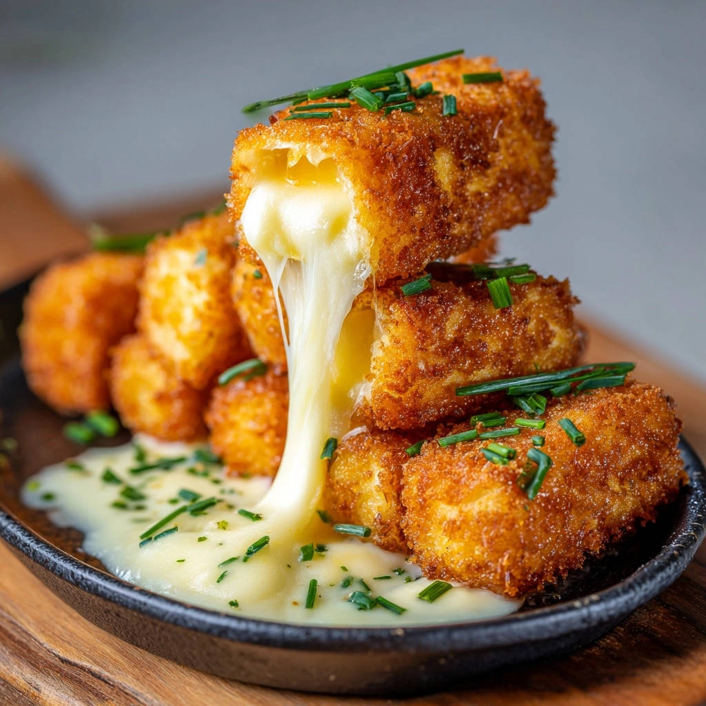 Knusprige Käse-Sticks mit geschmolzenem Kern, der aus einem angeschnittenen Stick fließt, garniert mit Schnittlauch.