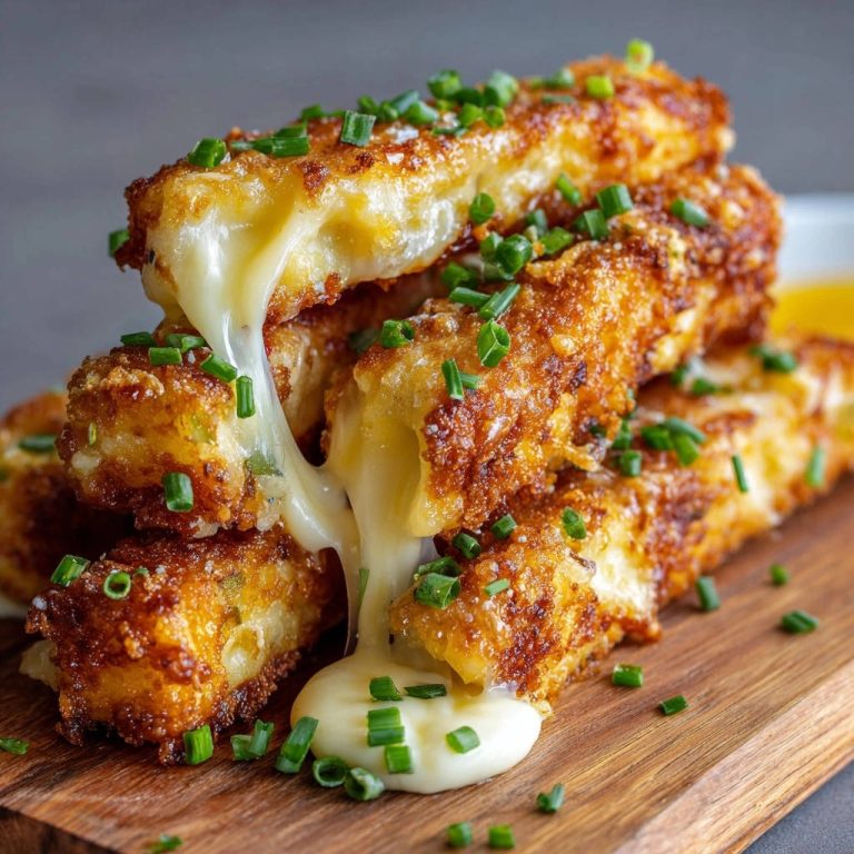 Knusprige Käse-Sticks mit einem geschmolzenen, zähflüssigen Kern, bestreut mit Schnittlauch auf einem Holzbrett.