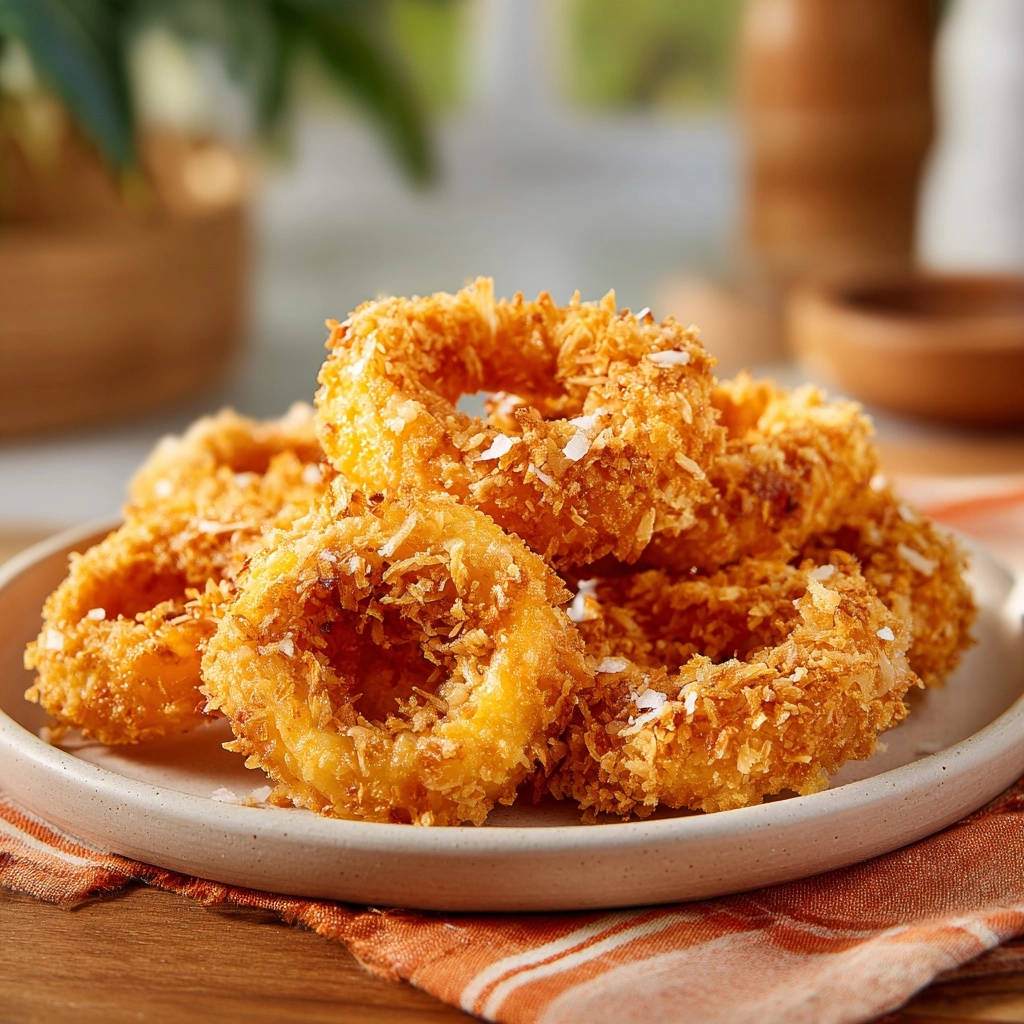 Knusprige Kokos-Ananas-Ringe, eine Nahaufnahme des goldbraunen panierten und frittierten Gerichts auf einem Teller.