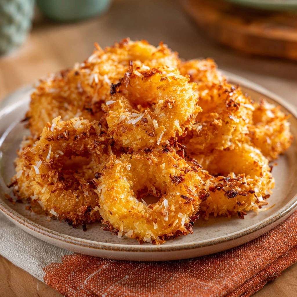 Knusprige Kokos-Ananas-Ringe auf einem Teller, Nahaufnahme der goldbraunen, kokosummantelten Oberfläche.