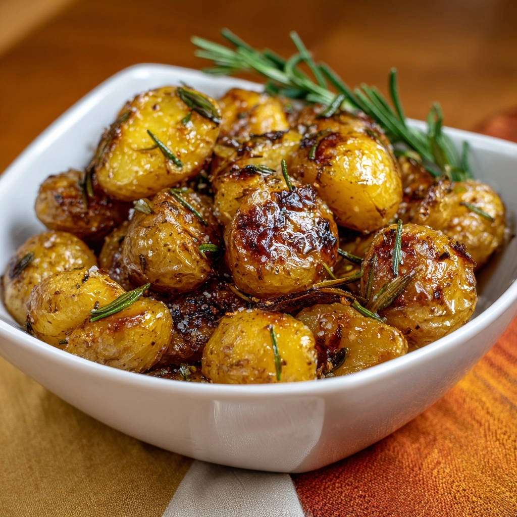 Knusprige Rosmarinkartoffeln aus dem Ofen in einer Schüssel, nahaufnahme mit frischem Rosmarin garniert.