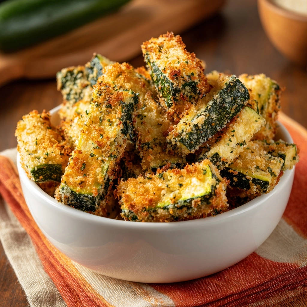 Knusprige Zucchini Pommes aus dem Ofen als Nahaufnahme in einer weißen Schüssel serviert.