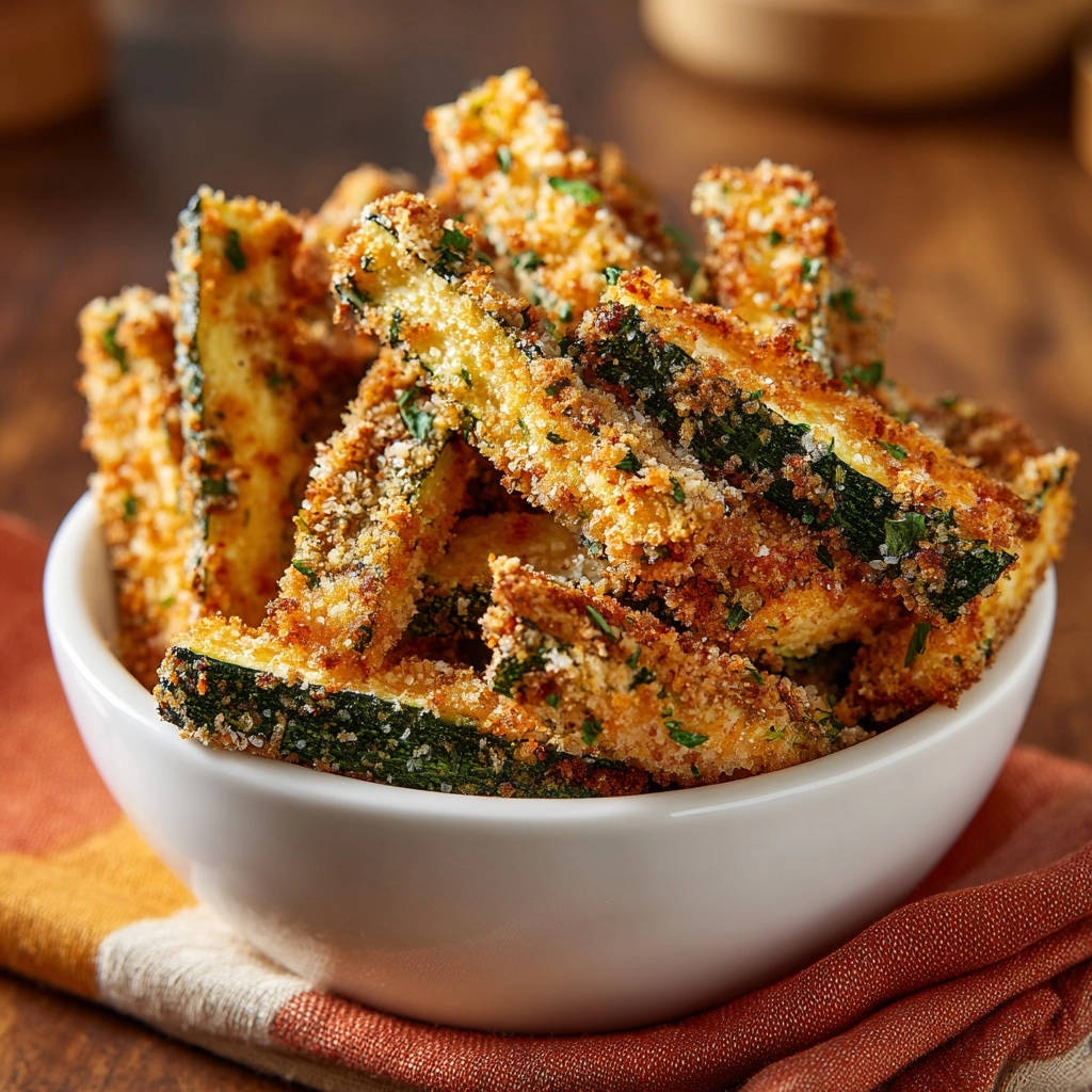 Knusprige Zucchini Pommes als Nahaufnahme in einer weißen Schüssel auf einem bunten Tuch angerichtet.