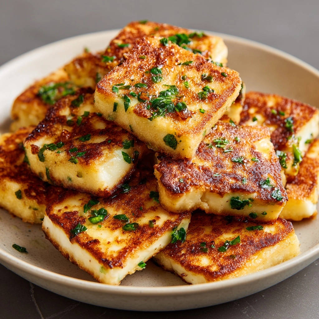 Knuspriger gebratener Halloumi als Nahaufnahme mit frischen Kräutern garniert, detailreiche Textur.