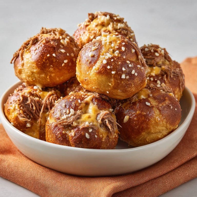 Laugenknoten mit Pulled Beef Füllung in einer Schüssel, mit geschmolzenem Käse und grobem Salz bestreut.