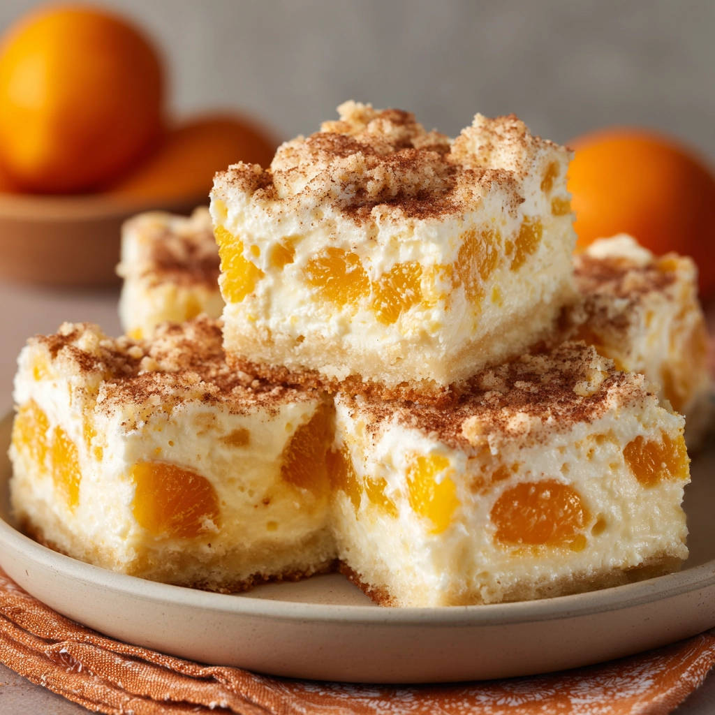 Mandarinen-Käsesahne-Schnitten mit einer Nahaufnahme des Anschnitts, die die cremige Textur und die Fruchtstücke zeigt.