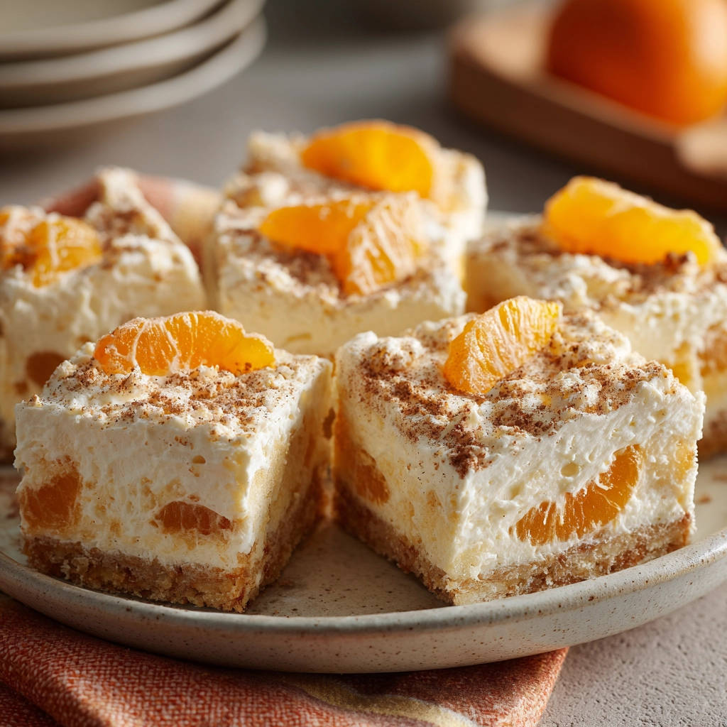 Mandarinen-Käsesahne-Schnitten als angeschnittene Stücke mit Mandarinenstücken und Kakaopulver bestreut.