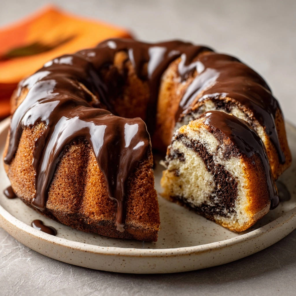Marmorkuchen mit Schokoladenguss, angeschnitten, zeigt die marmorierte Textur und den glänzenden Überzug.