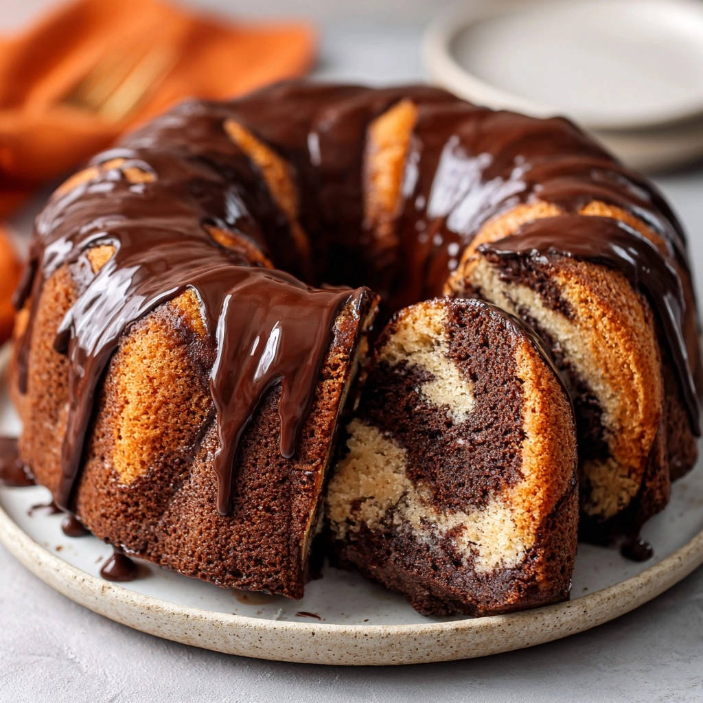 Marmorkuchen mit Schokoladenguss, angeschnitten, zeigt das zarte Marmormuster aus hellem und dunklem Teig.