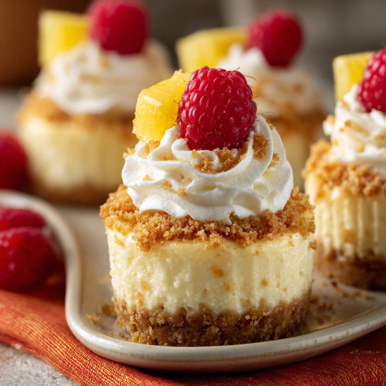 Mini Käsekuchen mit Früchten, garniert mit Schlagsahne und frischen Himbeeren auf einem Teller.