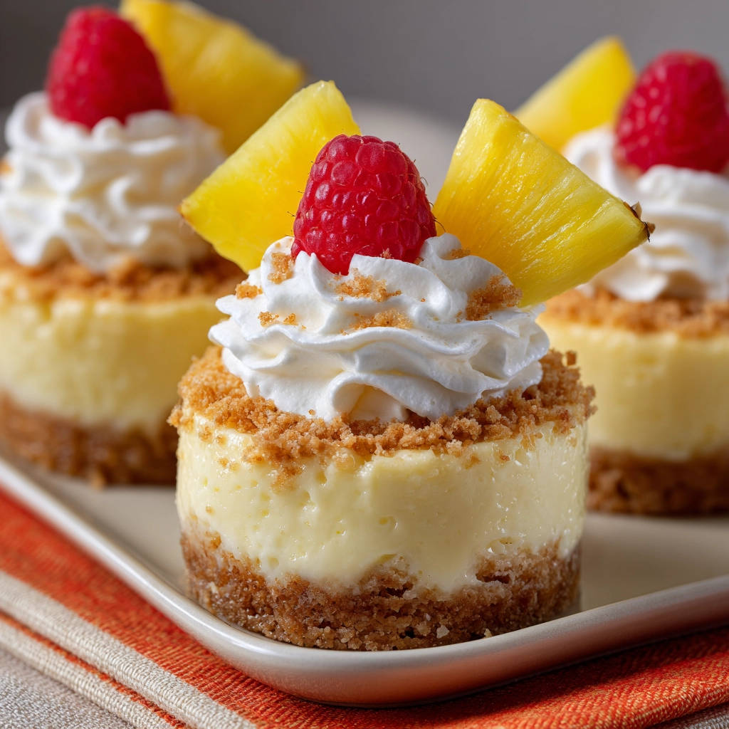 Mini Käsekuchen mit Früchten, garniert mit Sahne, Himbeeren und Ananasstücken auf einem Teller