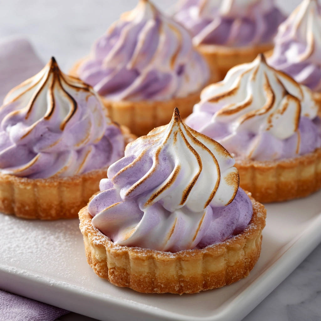 Mini Zitronen-Tartelettes mit Baiserhaube, nahaufnahme der gebräunten Baiserhaube auf den kleinen Törtchen.