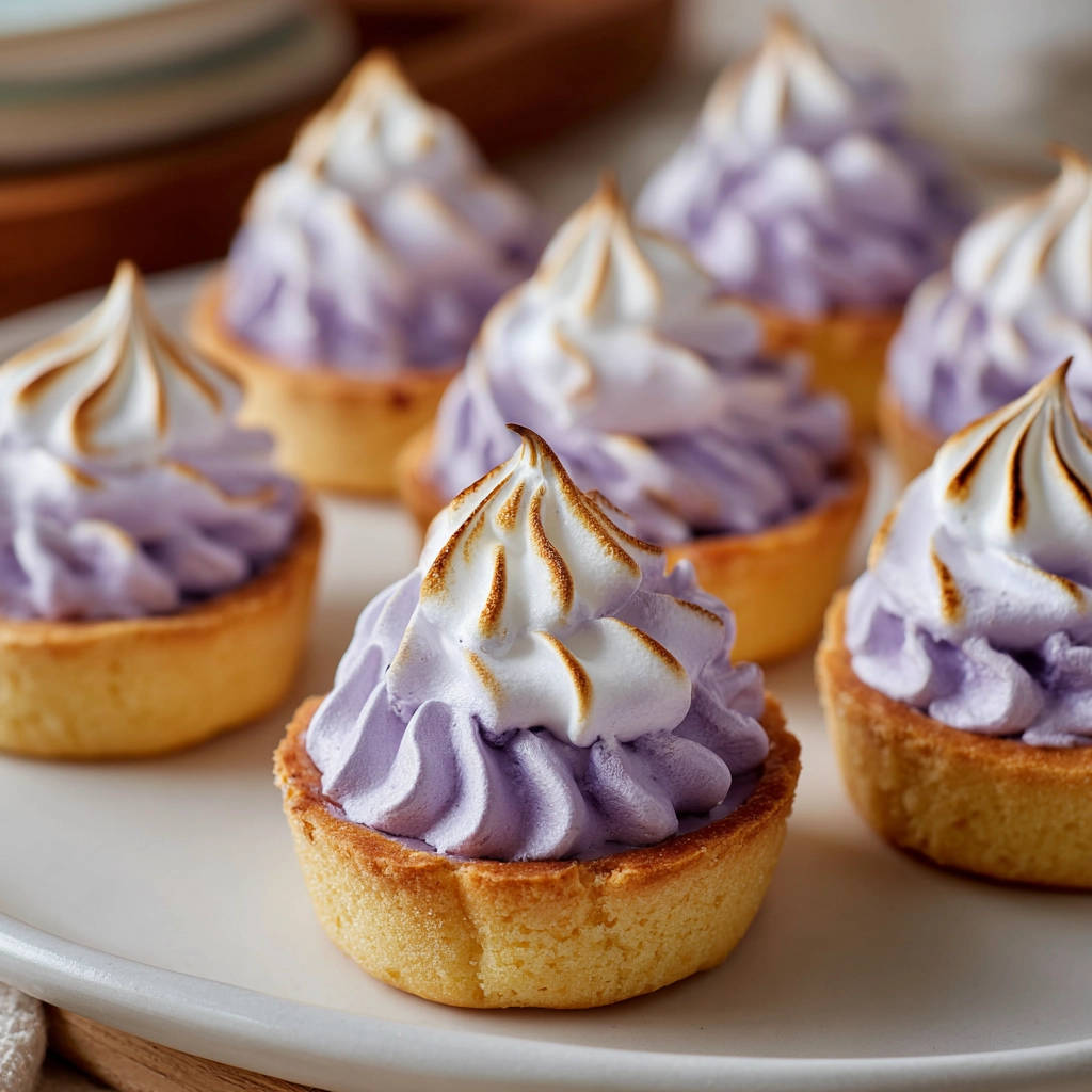 Mini Zitronen-Tartelettes mit Baiserhaube, hier in einer Nahaufnahme auf einer weißen Platte serviert, mit gebräunten Baiserhauben.
